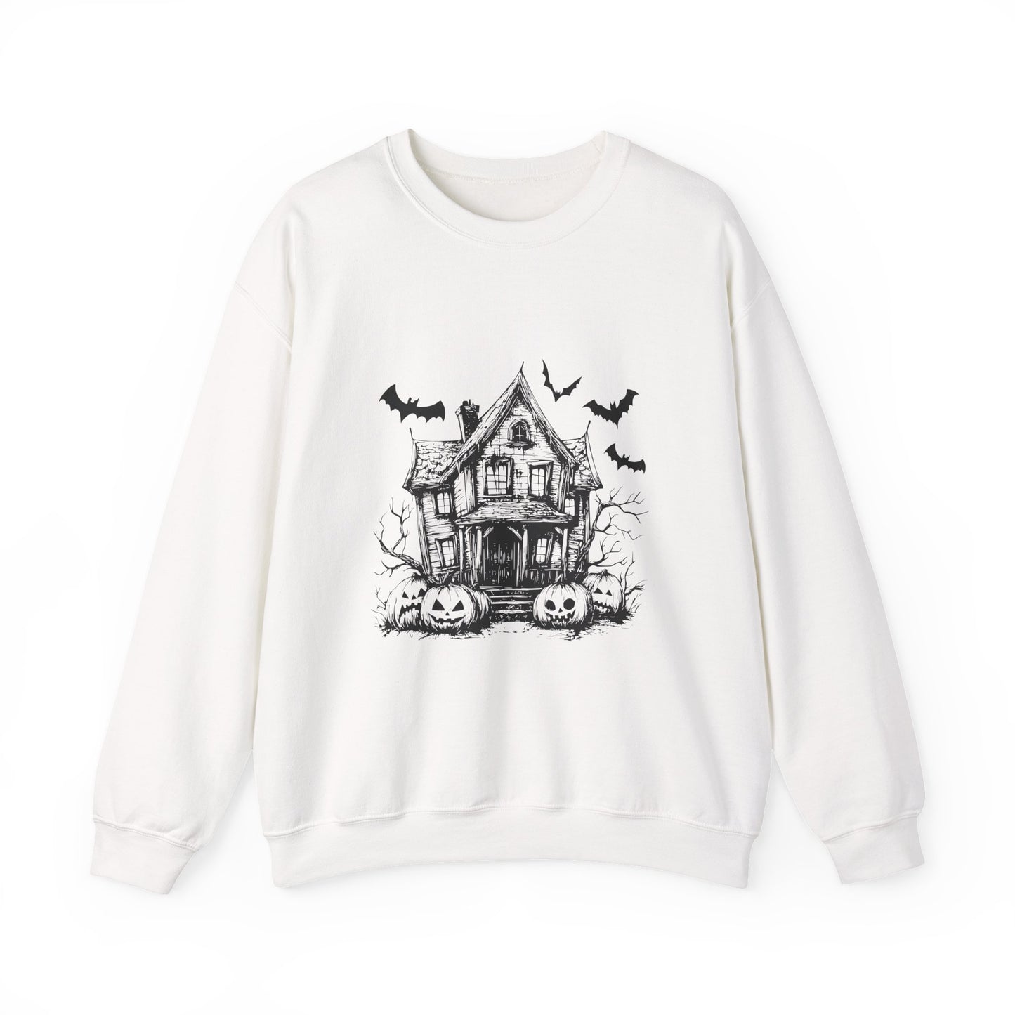 Halloween Bat House Sweatshirt, Cozy Autumn Apparel, Unisex Halloween Crewneck, Spooky Season Fashion, Pumpkin Decor Sweatshirt, [...]