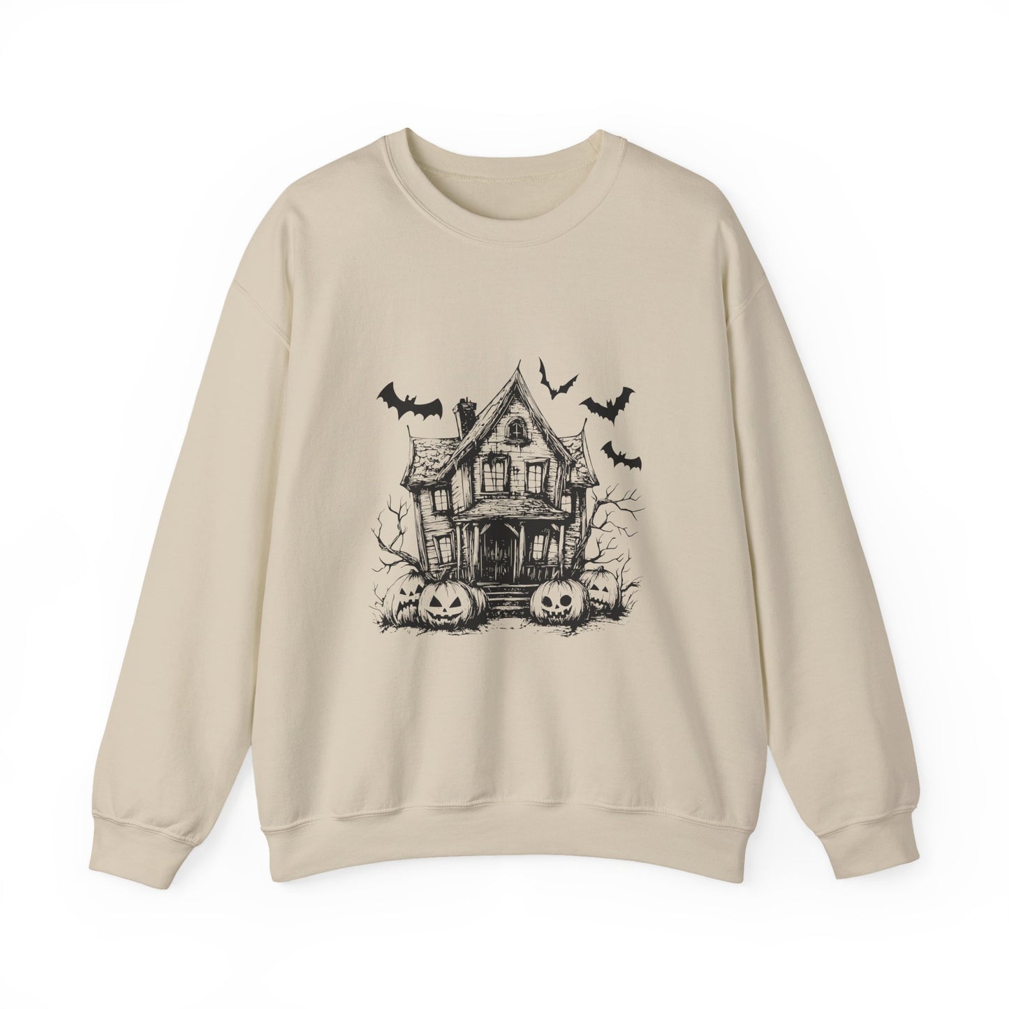 Halloween Bat House Sweatshirt, Cozy Autumn Apparel, Unisex Halloween Crewneck, Spooky Season Fashion, Pumpkin Decor Sweatshirt, [...]