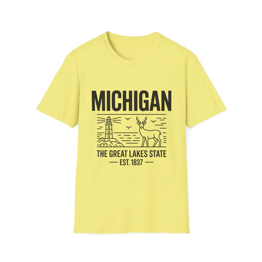 Michigan Unisex Softstyle T-Shirt, Graphic Tee, Great Lakes State Shirt, State Pride Apparel, Gift for Michiganders, Travel Souvenir