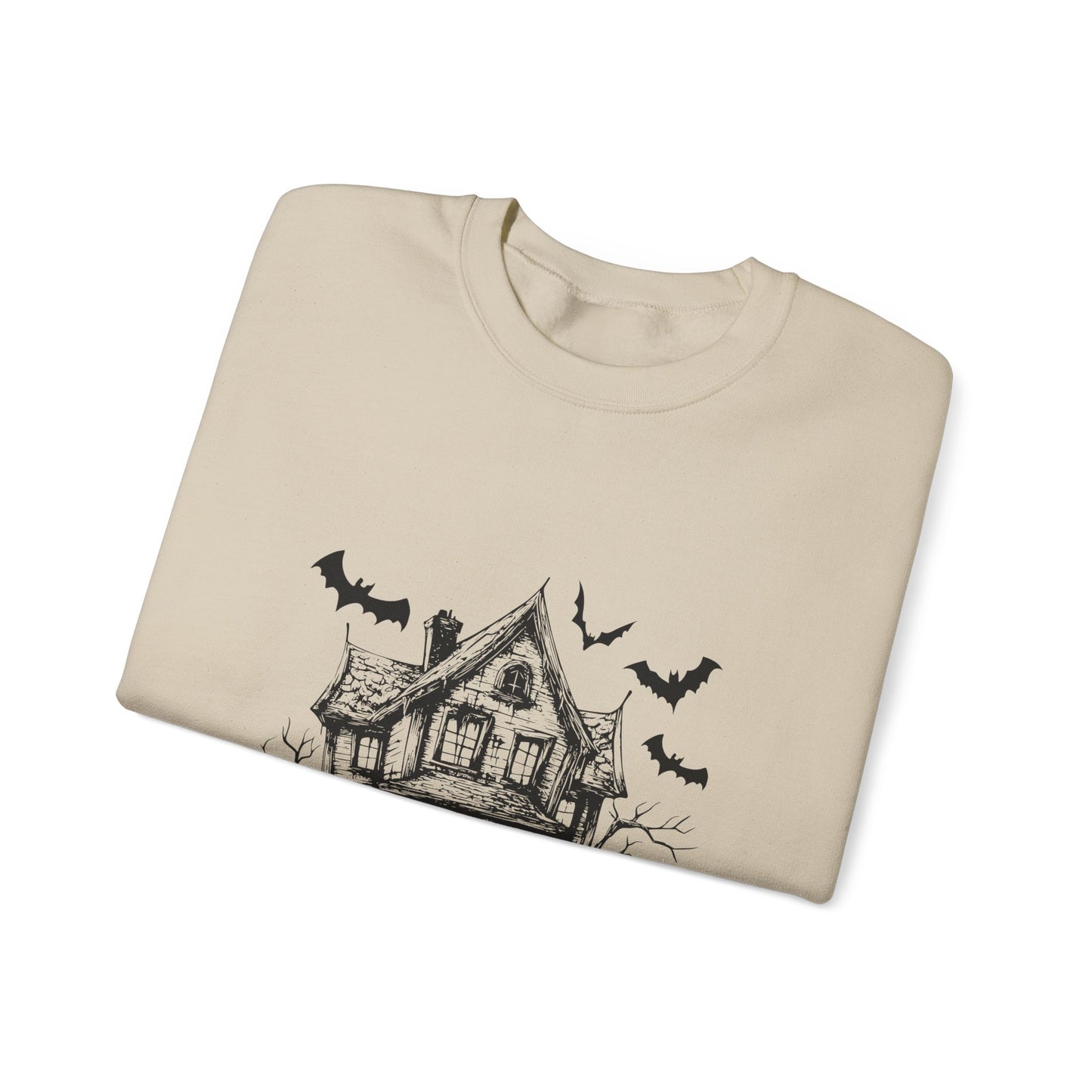 Halloween Bat House Sweatshirt, Cozy Autumn Apparel, Unisex Halloween Crewneck, Spooky Season Fashion, Pumpkin Decor Sweatshirt, [...]