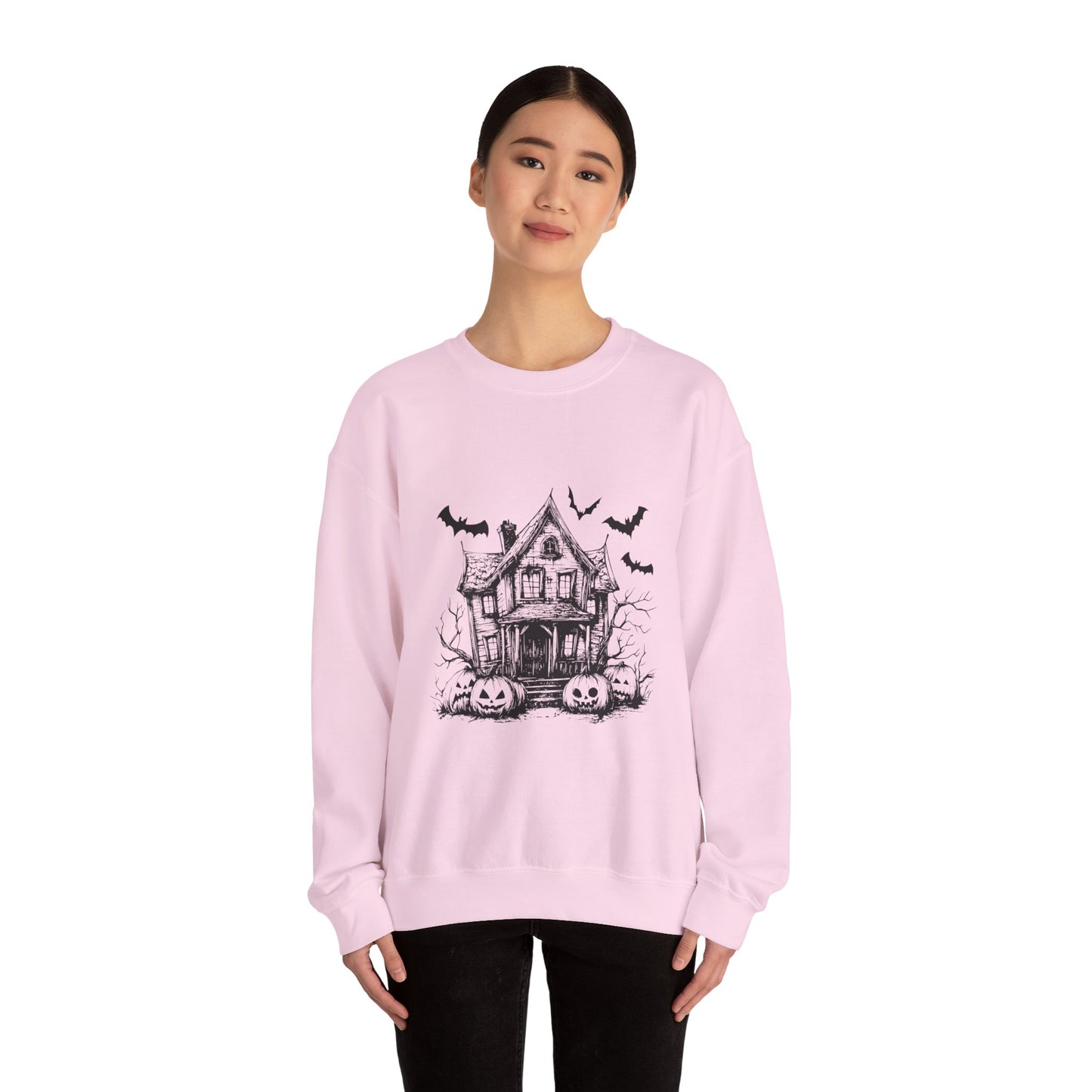 Halloween Bat House Sweatshirt, Cozy Autumn Apparel, Unisex Halloween Crewneck, Spooky Season Fashion, Pumpkin Decor Sweatshirt, [...]