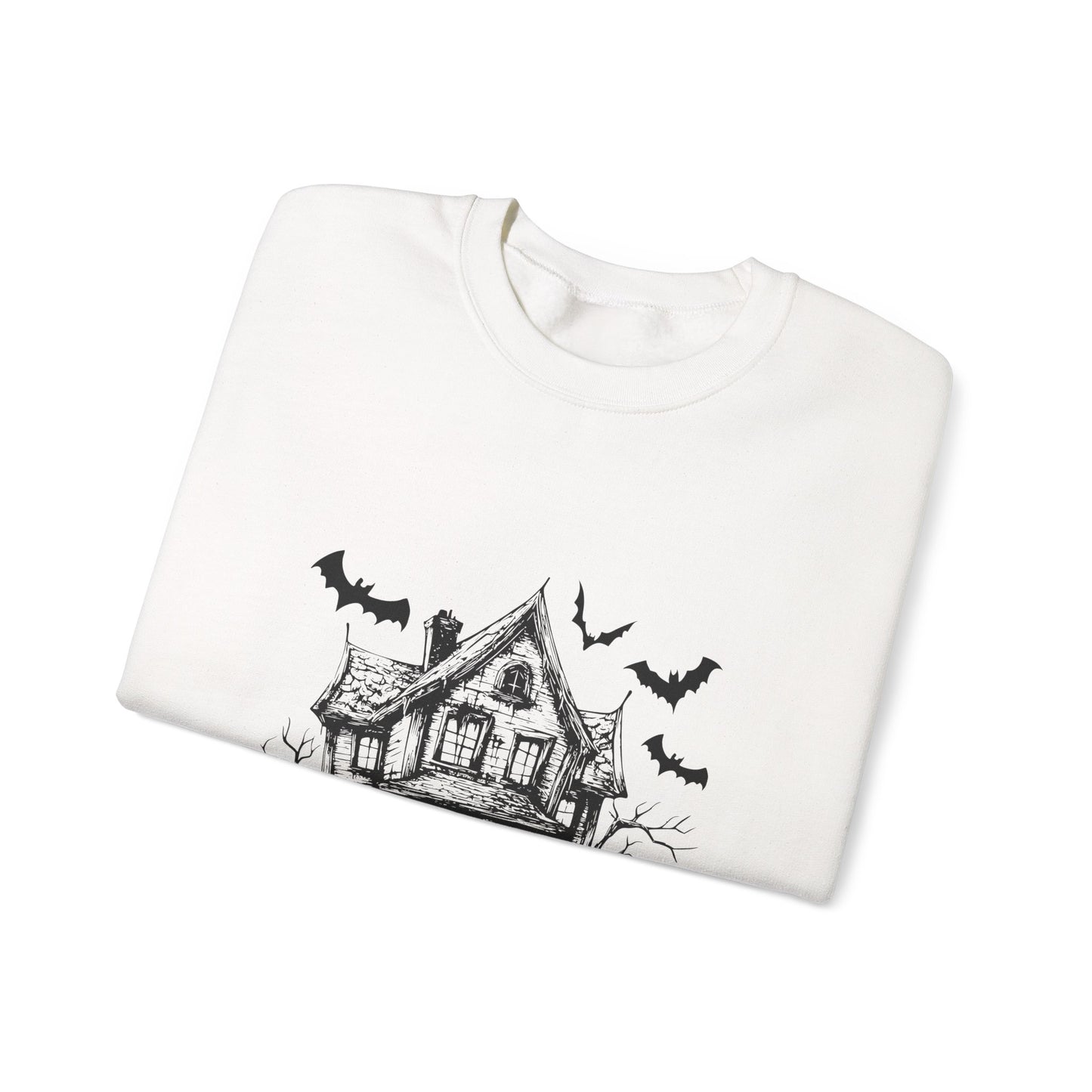 Halloween Bat House Sweatshirt, Cozy Autumn Apparel, Unisex Halloween Crewneck, Spooky Season Fashion, Pumpkin Decor Sweatshirt, [...]