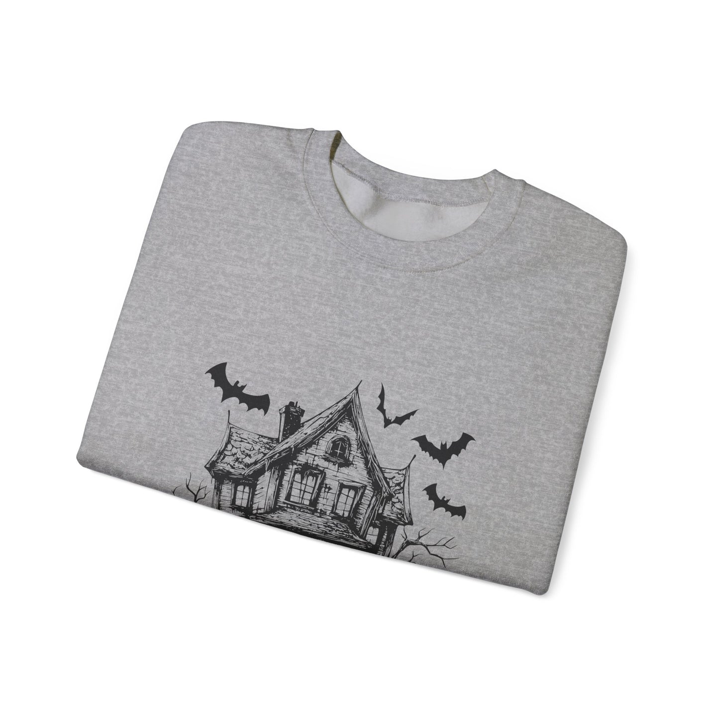 Halloween Bat House Sweatshirt, Cozy Autumn Apparel, Unisex Halloween Crewneck, Spooky Season Fashion, Pumpkin Decor Sweatshirt, [...]