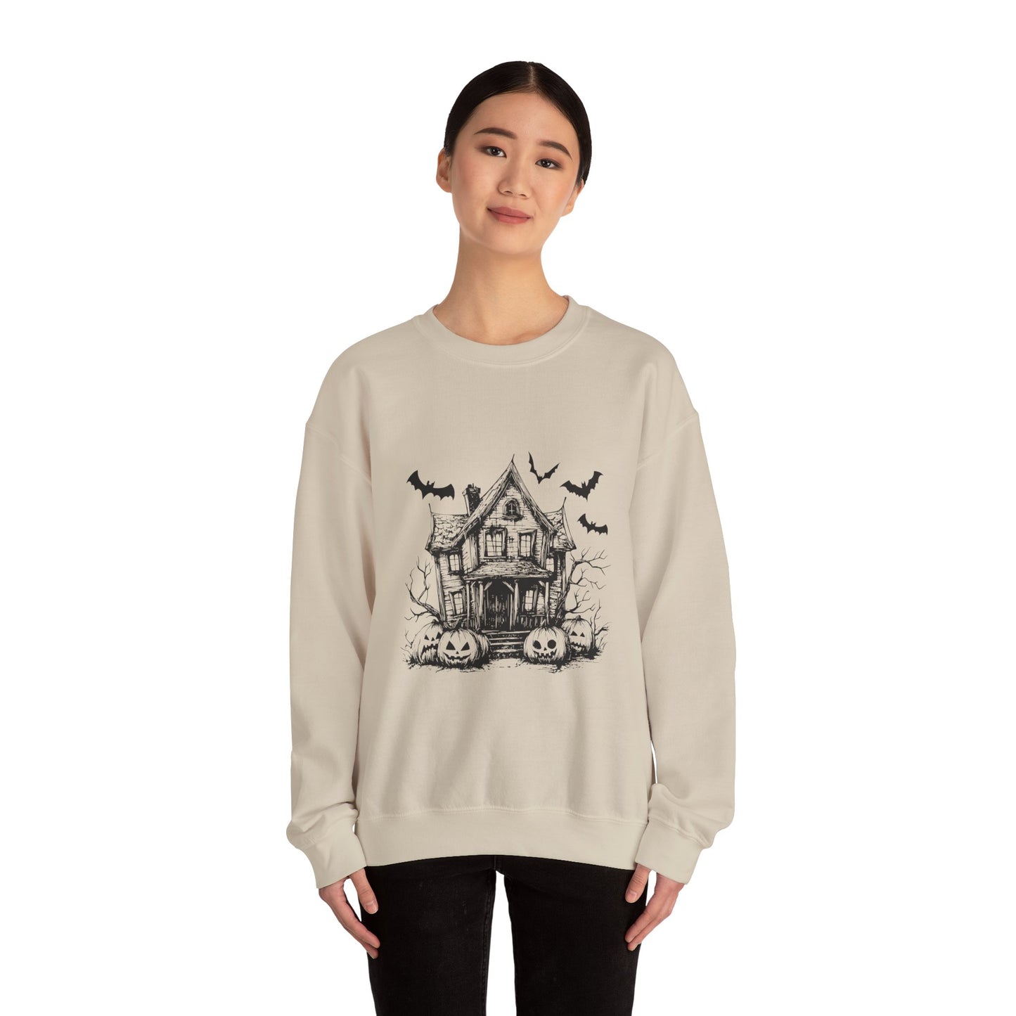 Halloween Bat House Sweatshirt, Cozy Autumn Apparel, Unisex Halloween Crewneck, Spooky Season Fashion, Pumpkin Decor Sweatshirt, [...]